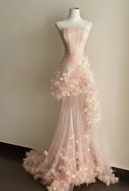 Pretty Mermaid Strapless Tulle Applique Without Sleeves Long Prom Dress, Evening Dress C6585