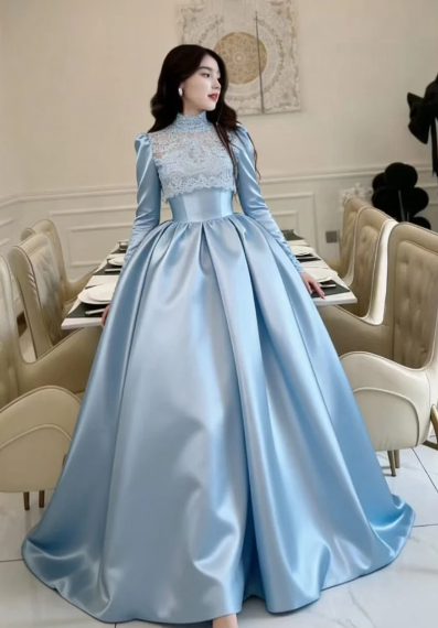 Formal A Line Lace High Neck Satin Long Sleeves Long Prom Dress, Evening Dress C6586