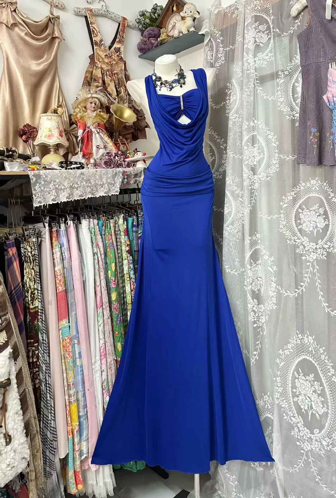 Sexy Royal Blue Mermaid Satin Without Sleeves Long Prom Dress, Evening Dress C6589