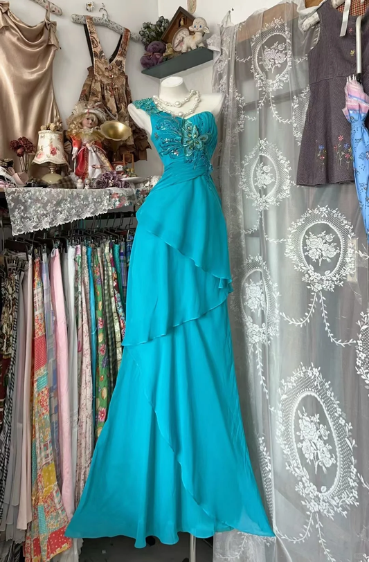 Unique Mermaid One Shoulder Chiffon Sequin Without Sleeves Long Prom Dress, Evening Dress C6591