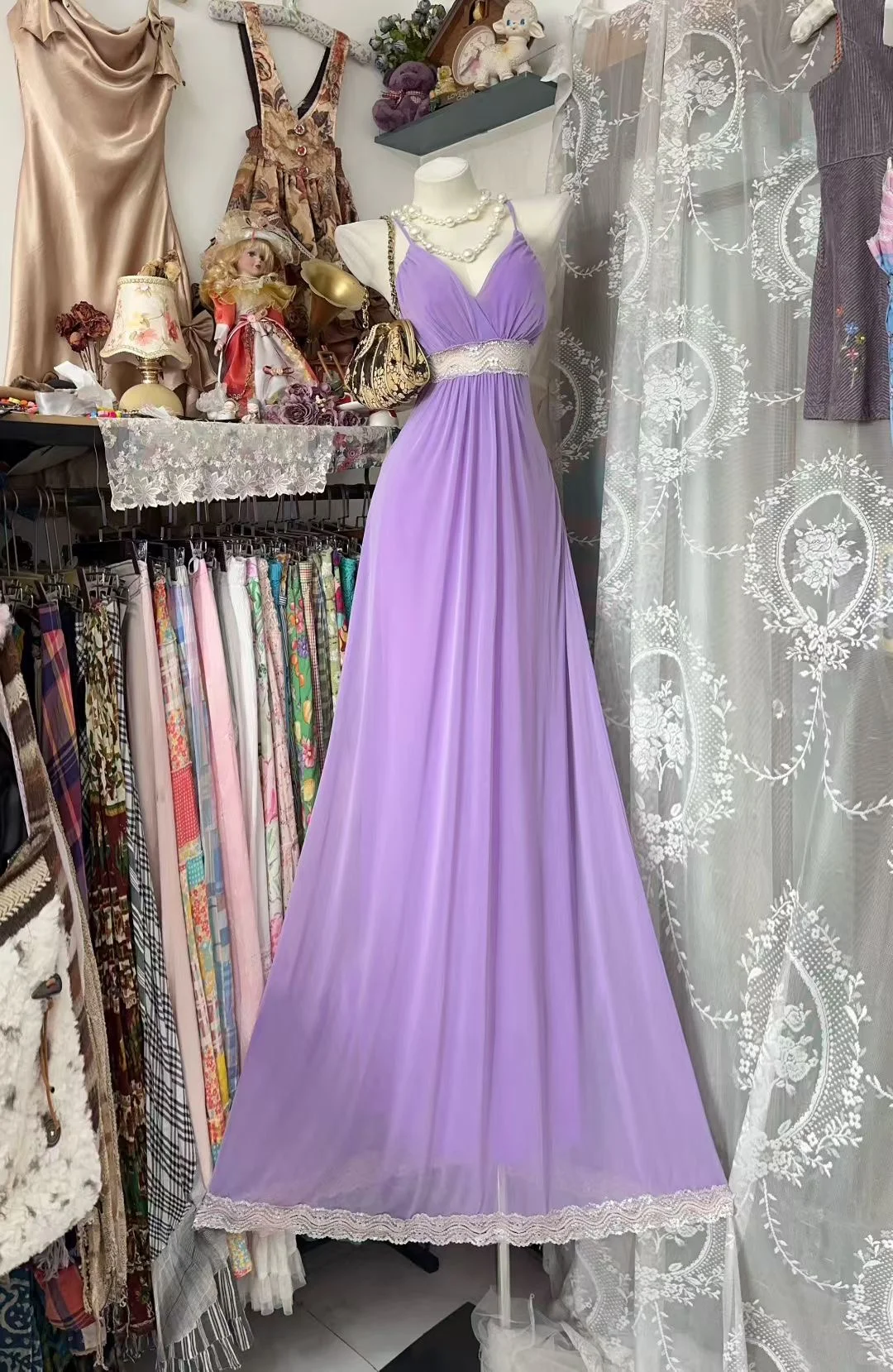 Elegant A Line Lilac Spaghetti Straps Tulle Lace Without Sleeves Long Prom Dress, Evening Dress C6592