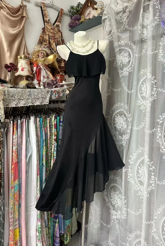 Elegant Mermaid Black Spaghetti Straps Satin Chiffon Without Sleeves Long Prom Dress, Evening Dress C6595