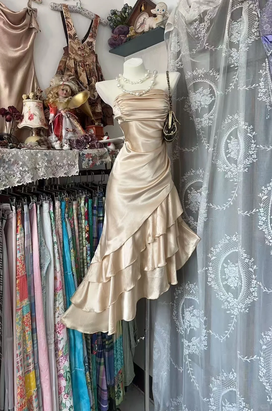 Classy Mermaid Strapless Satin Without Sleeves Tea Length Prom Dress, Evening Dress C6596