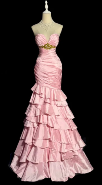 Pretty Pink Mermaid Sweetheart Tiered Satin Beaded Without Sleeves Long Prom Dress, Evening Dress C6599