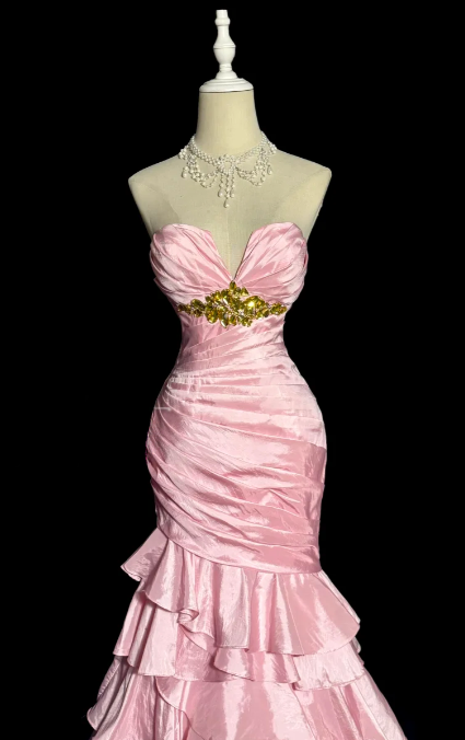 Pretty Pink Mermaid Sweetheart Tiered Satin Beaded Without Sleeves Long Prom Dress, Evening Dress C6599
