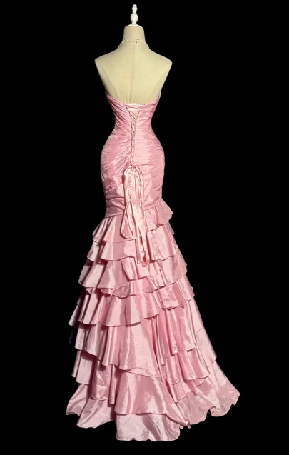 Pretty Pink Mermaid Sweetheart Tiered Satin Beaded Without Sleeves Long Prom Dress, Evening Dress C6599