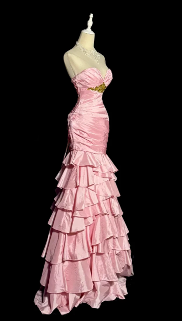 Pretty Pink Mermaid Sweetheart Tiered Satin Beaded Without Sleeves Long Prom Dress, Evening Dress C6599