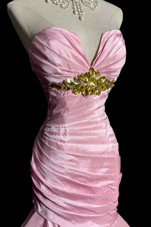 Pretty Pink Mermaid Sweetheart Tiered Satin Beaded Without Sleeves Long Prom Dress, Evening Dress C6599