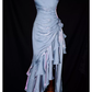 Vintage haut bas bretelles volants longues robes de bal bleues C65