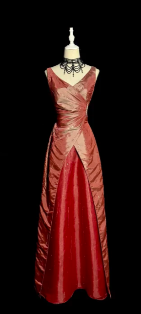 Retro A Line V Neck Satin Beaded Without Sleeves Long Prom Dress, Evening Dress C6600