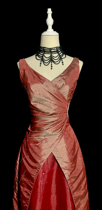 Retro A Line V Neck Satin Beaded Without Sleeves Long Prom Dress, Evening Dress C6600