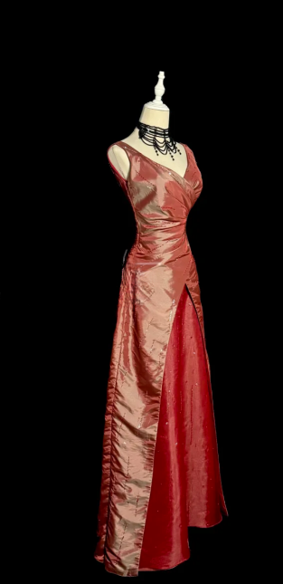 Retro A Line V Neck Satin Beaded Without Sleeves Long Prom Dress, Evening Dress C6600