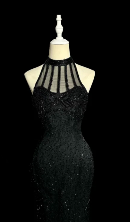 Charming Mermaid Halter Satin Tulle Beaded Without Sleeves Long Prom Dress, Evening Dress C6601