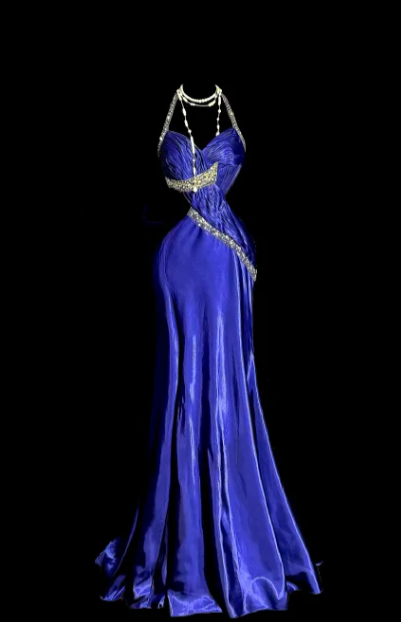 Chic Mermaid Halter Satin Beaded Without Sleeves Long Prom Dress, Evening Dress C6603