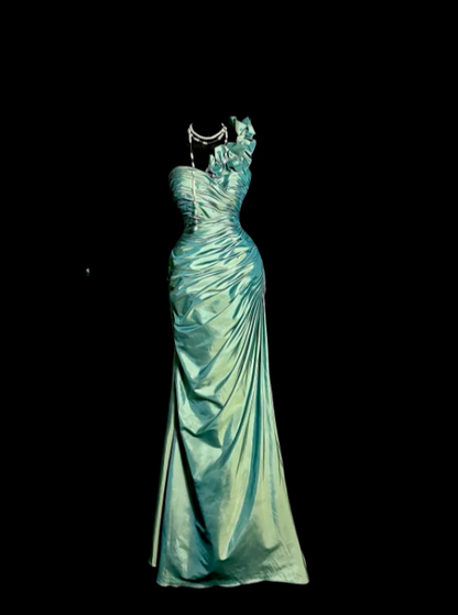 Classy Mermaid One Shoulder Pleated Satin Without Sleeves Long Prom Dress, Evening Dress C6606