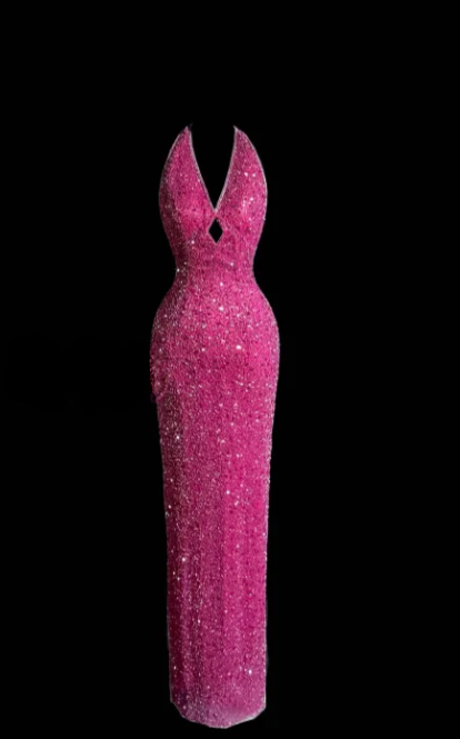 Sparkly Hot Pink Mermaid Halter Sequin Beaded Without Sleeves Long Prom Dress, Evening Dress C6607