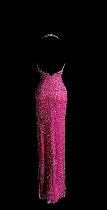 Sparkly Hot Pink Mermaid Halter Sequin Beaded Without Sleeves Long Prom Dress, Evening Dress C6607