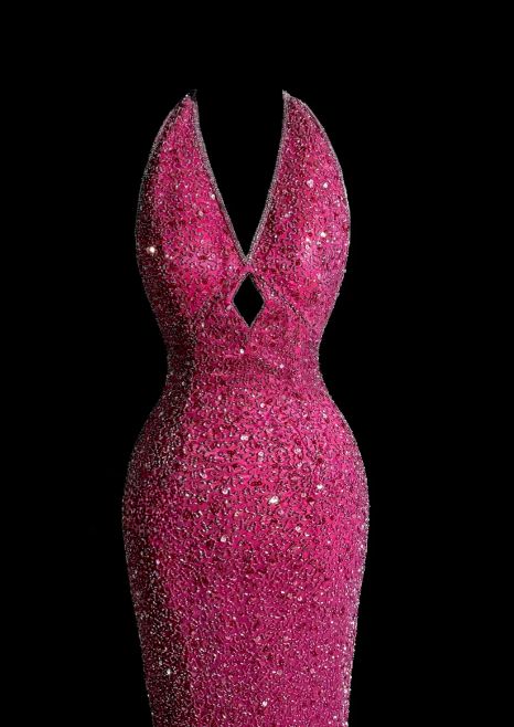 Sparkly Hot Pink Mermaid Halter Sequin Beaded Without Sleeves Long Prom Dress, Evening Dress C6607