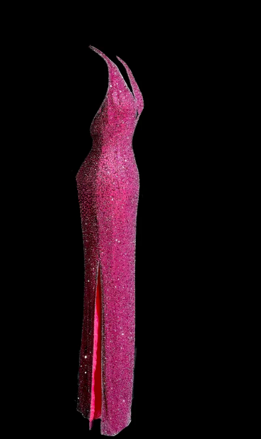 Sparkly Hot Pink Mermaid Halter Sequin Beaded Without Sleeves Long Prom Dress, Evening Dress C6607
