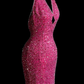 Sparkly Hot Pink Mermaid Halter Sequin Beaded Without Sleeves Long Prom Dress, Evening Dress C6607