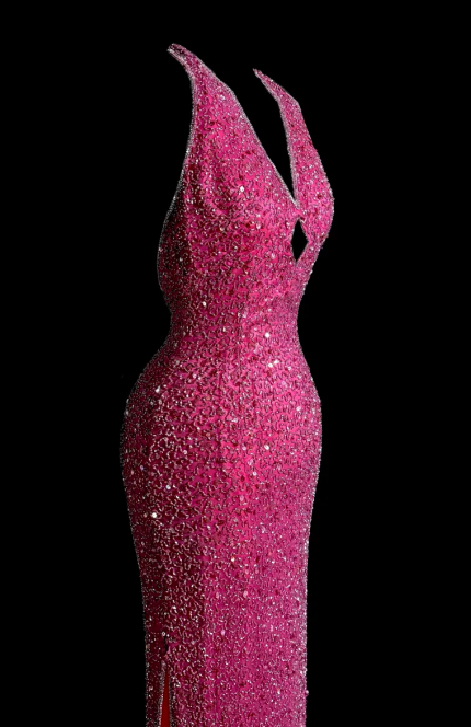 Sparkly Hot Pink Mermaid Halter Sequin Beaded Without Sleeves Long Prom Dress, Evening Dress C6607