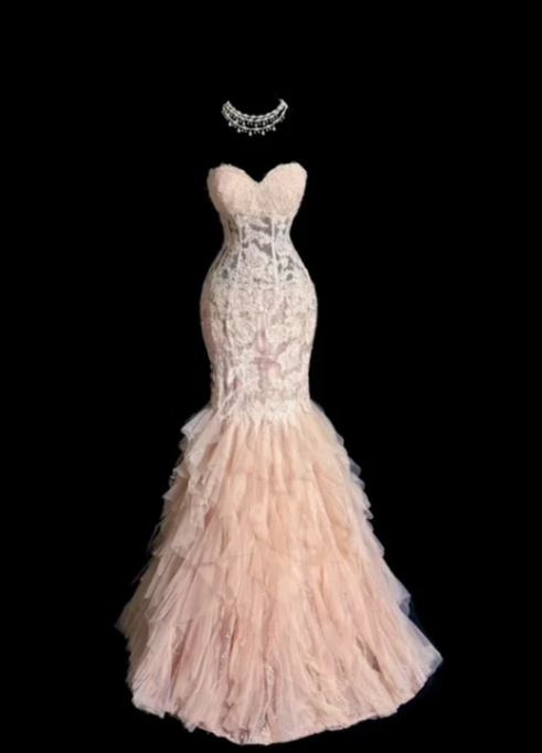 Pretty Sweetheart Mermaid Tulle Lace Without Sleeves Long Prom Dress, Evening Dress C6608