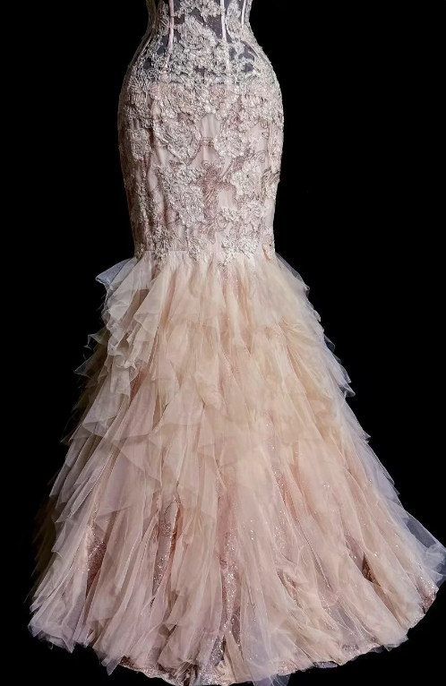 Pretty Sweetheart Mermaid Tulle Lace Without Sleeves Long Prom Dress, Evening Dress C6608