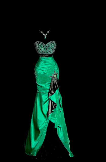 Retro Sweetheart Mermaid Green Satin Beaded Without Sleeves Long Prom Dress, Evening Dress C6609