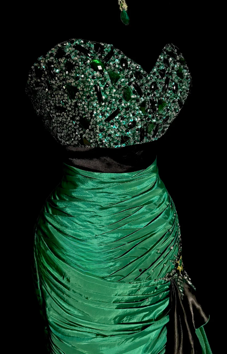 Retro Sweetheart Mermaid Green Satin Beaded Without Sleeves Long Prom Dress, Evening Dress C6609