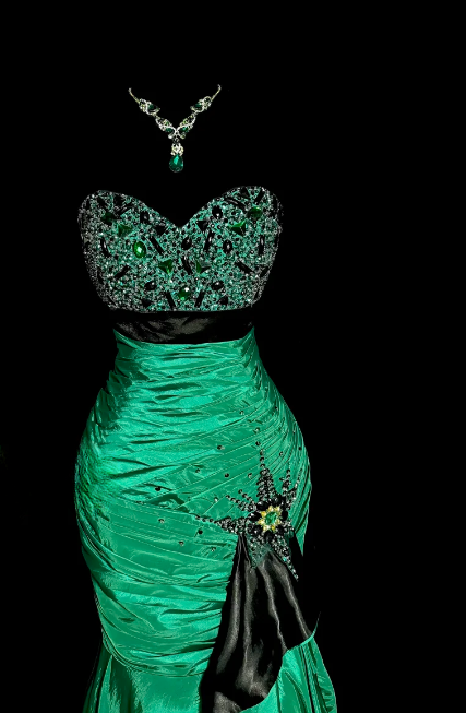 Retro Sweetheart Mermaid Green Satin Beaded Without Sleeves Long Prom Dress, Evening Dress C6609