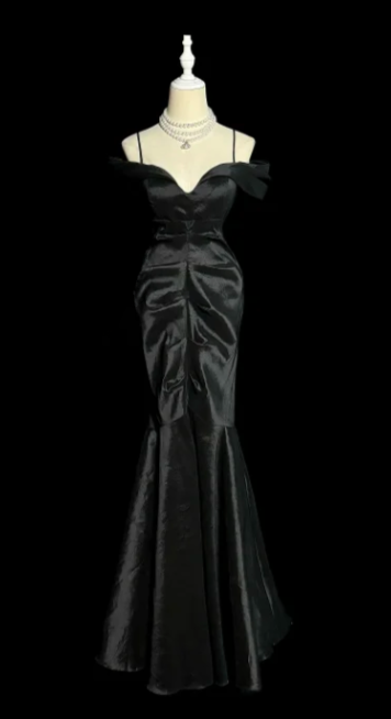 Formal Black Spaghetti Straps Mermaid Satin Without Sleeves Long Prom Dress, Evening Dress C6611