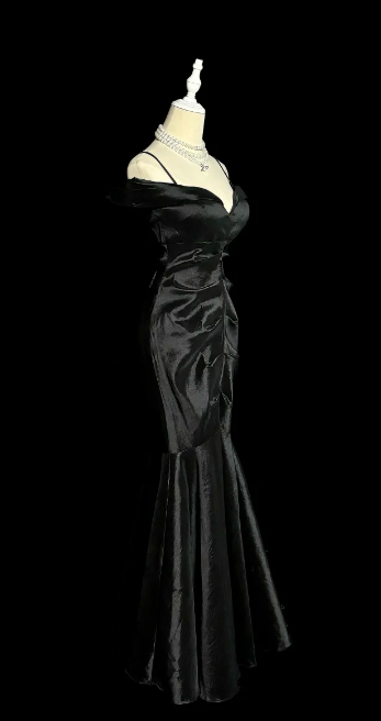 Formal Black Spaghetti Straps Mermaid Satin Without Sleeves Long Prom Dress, Evening Dress C6611