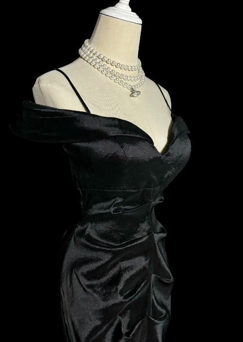 Formal Black Spaghetti Straps Mermaid Satin Without Sleeves Long Prom Dress, Evening Dress C6611