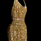 Shiny Mermaid Gold Halter Sequin Without Sleeves Long Prom Dress, Evening Dress C6615