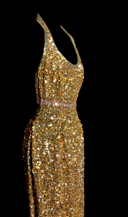 Shiny Mermaid Gold Halter Sequin Without Sleeves Long Prom Dress, Evening Dress C6615