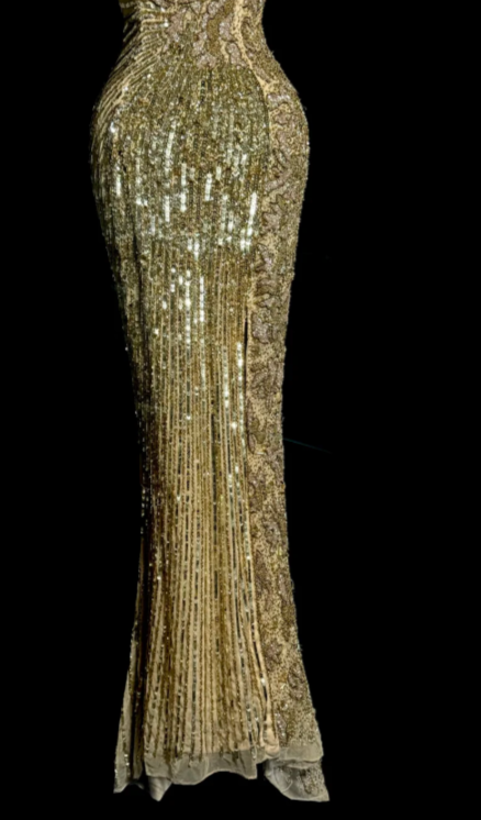 Sparkly Gold Mermaid V Neck Sequin Without Sleeves Long Prom Dress, Evening Dress C6617