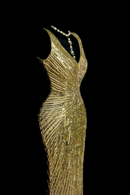 Sparkly Gold Mermaid V Neck Sequin Without Sleeves Long Prom Dress, Evening Dress C6617