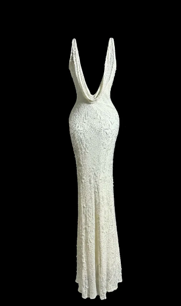 Gorgeous White Mermaid Satin Beaded Without Sleeves Long Prom Dress, Evening Dress C6618