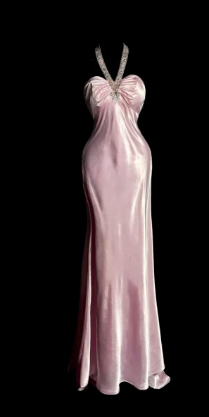 Pink Mermaid Satin Sequin Without Sleeves Long Prom Dress, Evening Dress C6619