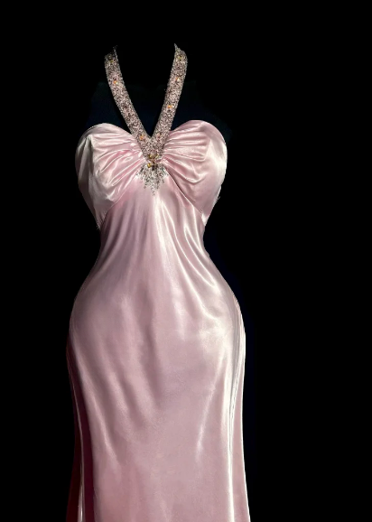 Pink Mermaid Satin Sequin Without Sleeves Long Prom Dress, Evening Dress C6619