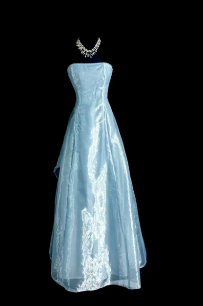 Cute A Line Strapless Pale Blue Satin Chiffon Without Sleeves Long Prom Dress, Evening Dress C6621