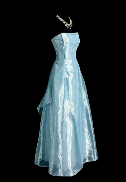 Cute A Line Strapless Pale Blue Satin Chiffon Without Sleeves Long Prom Dress, Evening Dress C6621