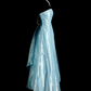 Cute A Line Strapless Pale Blue Satin Chiffon Without Sleeves Long Prom Dress, Evening Dress C6621