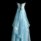 Cute A Line Strapless Pale Blue Satin Chiffon Without Sleeves Long Prom Dress, Evening Dress C6621
