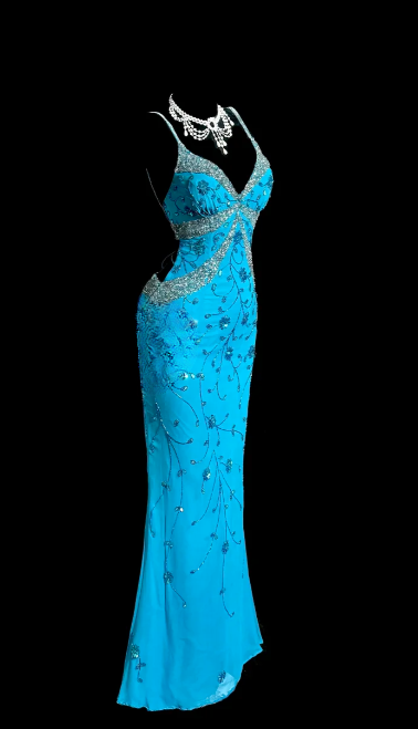 Charming Mermaid Spaghetti Straps Satin Sequin Beaded Without Sleeves Long Prom Dress, Evening Dress C6623