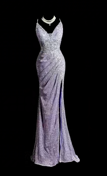 Sparkly Mermaid Spaghetti Straps Sequin Slit Without Sleeves Long Prom Dress, Evening Dress C6628