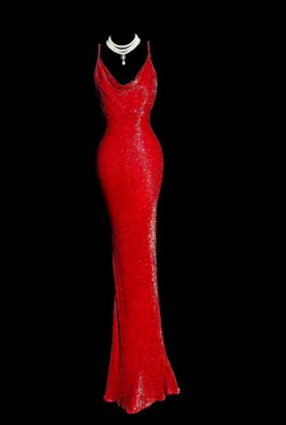 Charming Red Mermaid Spaghetti Straps Satin Beaded Backless Without Sleeves Long Prom Dress, Evening Dress C6637