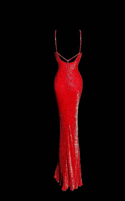 Charming Red Mermaid Spaghetti Straps Satin Beaded Backless Without Sleeves Long Prom Dress, Evening Dress C6637