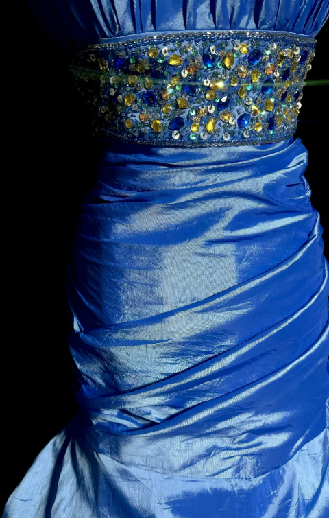 Retro Mermaid Strapless Pleated Satin Sequin Beaded Without Sleeves Long Prom Dress, Evening Dress C6638