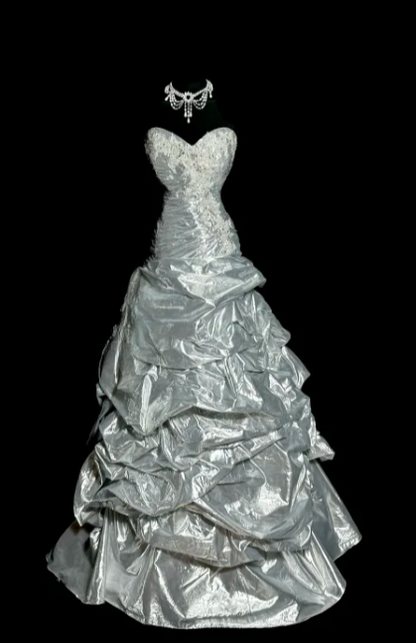 Chic Silver Mermaid Sweetheart Pleated Satin Applique Beaded Without Sleeves Long Prom Dress, Evening Dress C6639